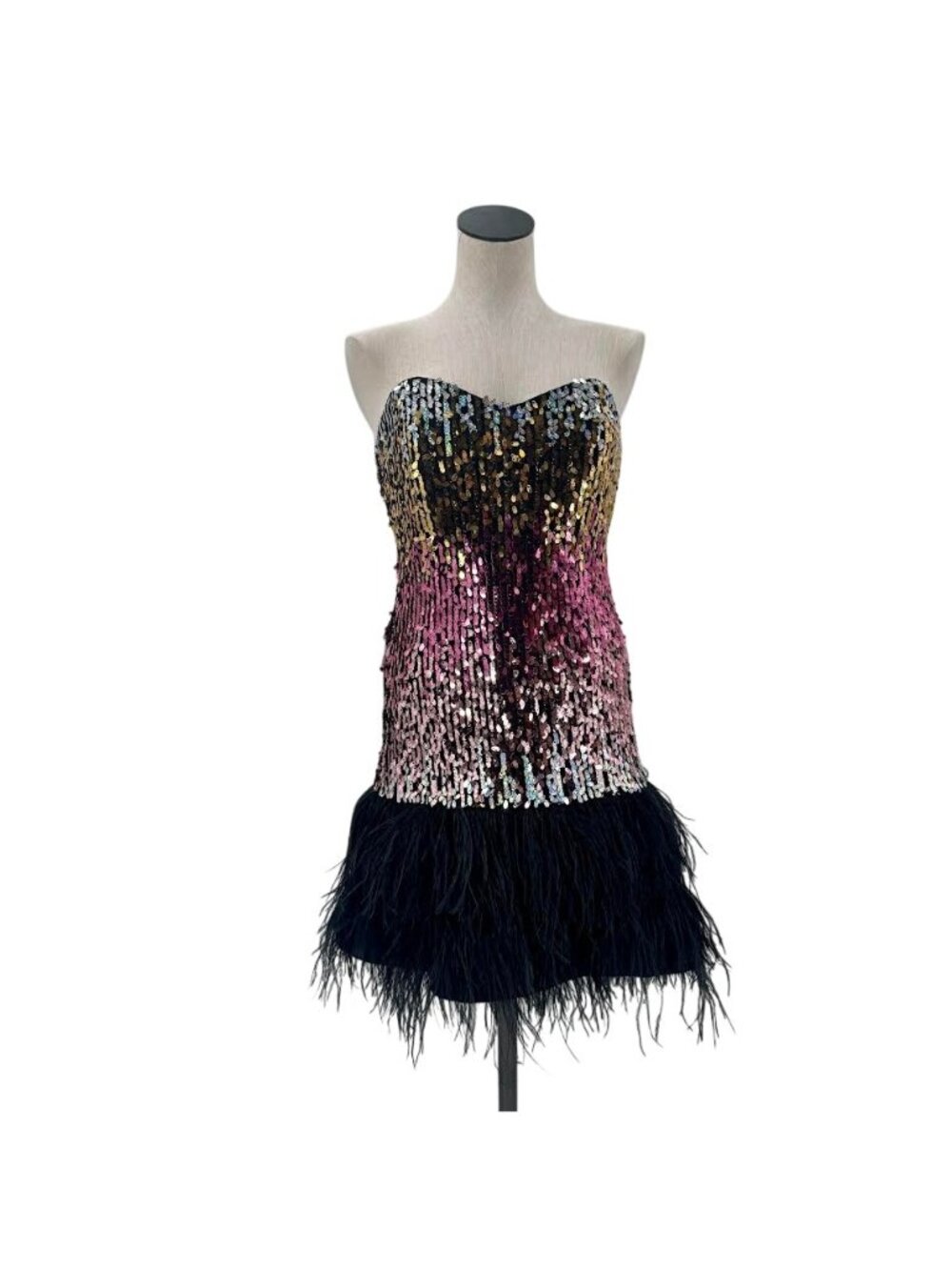 Sequined Sweetheart Mini-Dress with Black Feather Trim